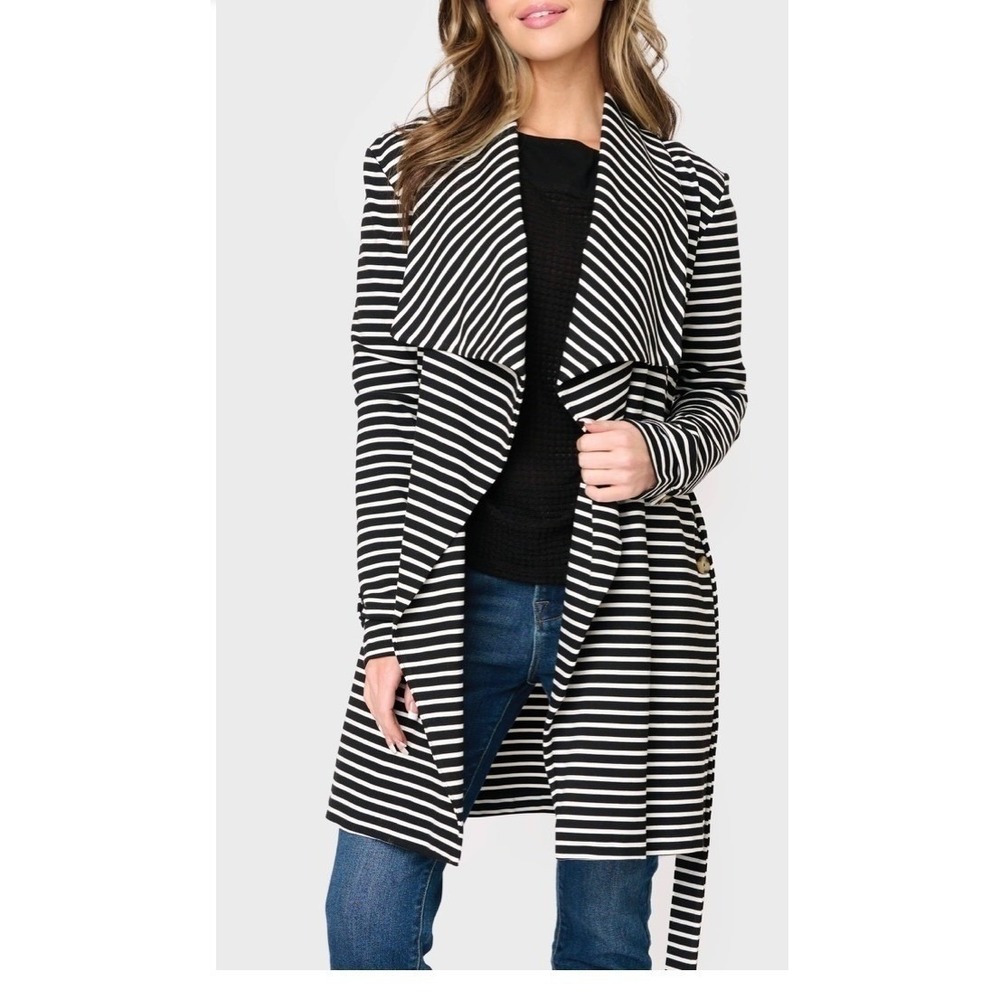 Gibsonlook Black White Stripe Waterfall Cardigan Duster Belted Jacket Size L